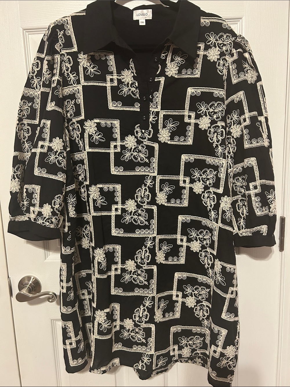 Lovelo Black Midi Dress with White Floral Geometric & Flowery Embroidery